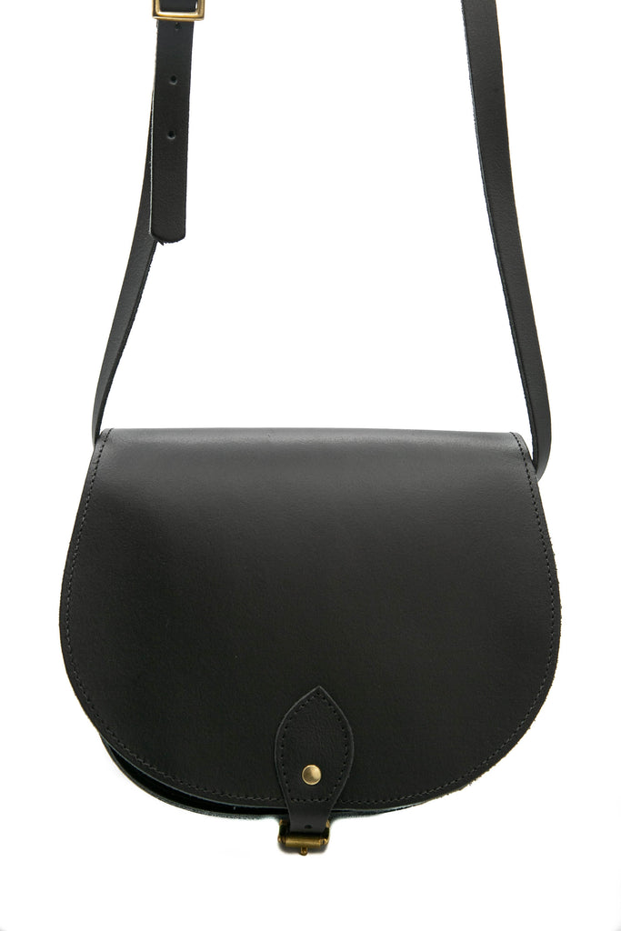 Black Leather handmade saddle cross body handbag with adjustable belt buckle shoulder strap, made in London - A to Z Leather LTD