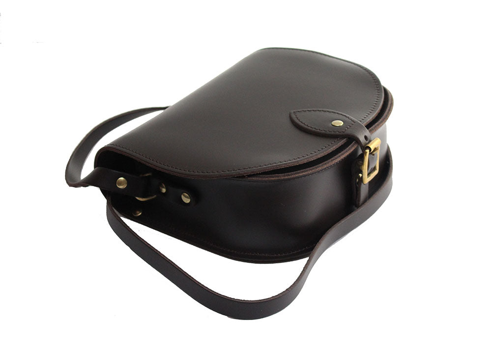 Dark Brown Leather handmade saddle cross body handbag with adjustable belt buckle shoulder strap, made in London. Visit out customise section to choose your own colours and have a bespoke custom saddle bag made for you. A to Z Leather LTD