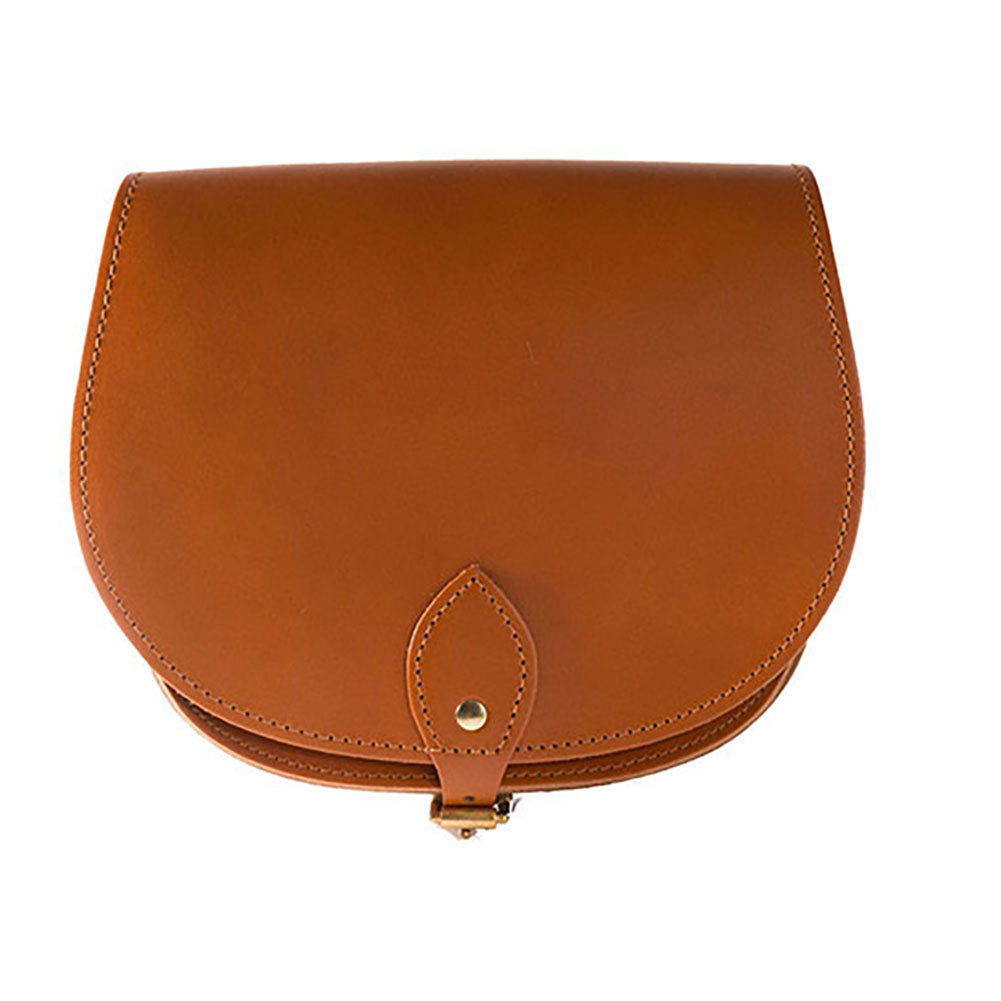 Tan brown Leather handmade saddle cross body handbag with adjustable belt buckle shoulder strap, made in London. Visit out customise section to choose your own colours and have a bespoke custom saddle bag made for you. A to Z Leather LTD