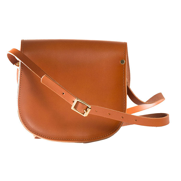 Tan brown Leather handmade saddle cross body handbag with adjustable belt buckle shoulder strap, made in London. Visit out customise section to choose your own colours and have a bespoke custom saddle bag made for you. A to Z Leather LTD