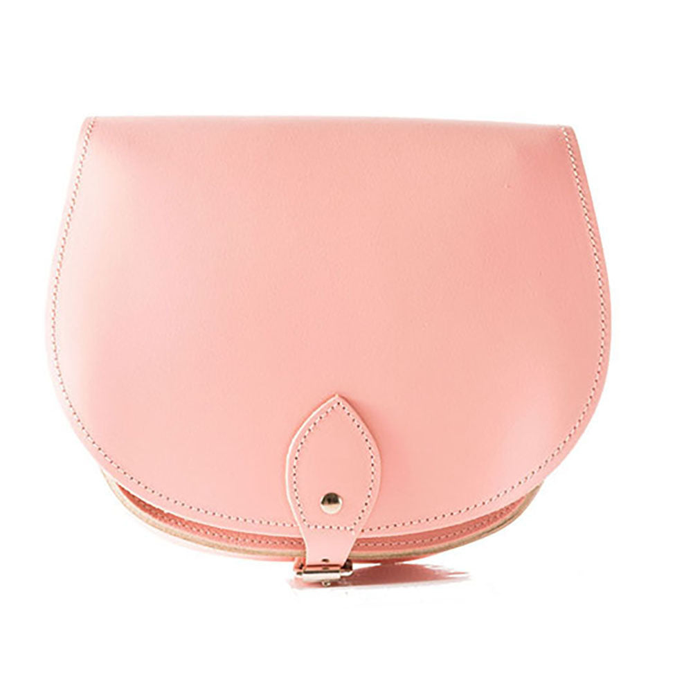 Baby pink Leather handmade saddle cross body handbag with adjustable belt buckle shoulder strap, made in London. Visit out customise section to choose your own colours and have a bespoke custom saddle bag made for you. A to Z Leather LTD