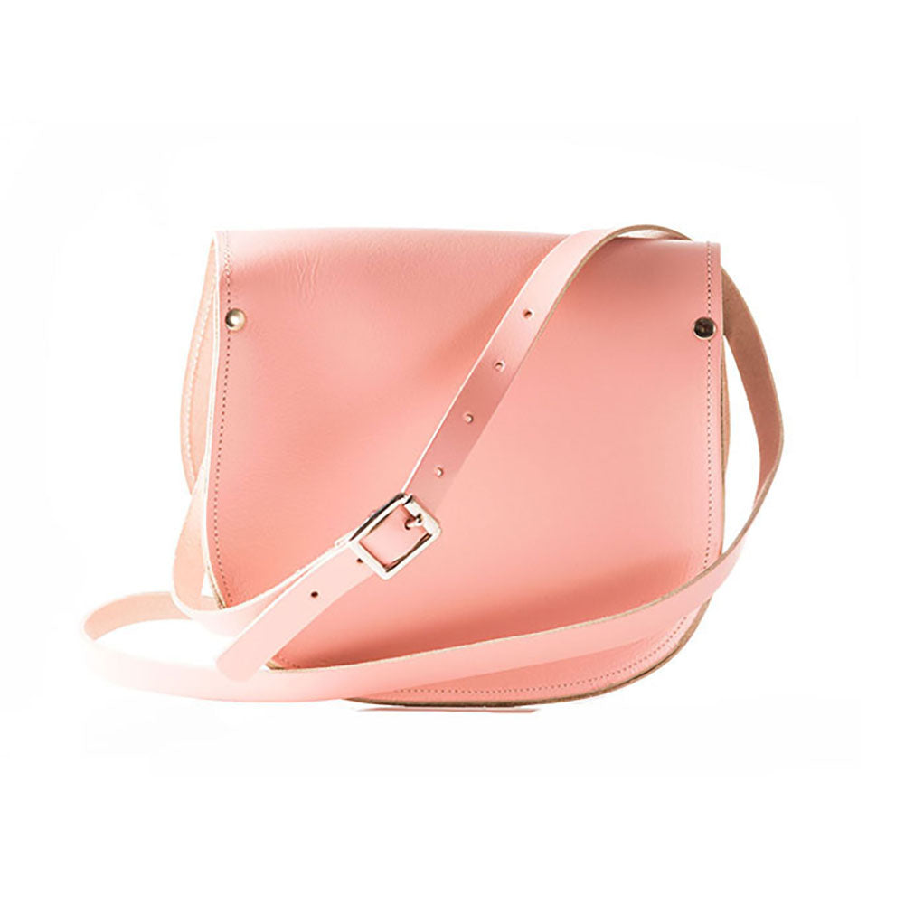 Baby pink Leather handmade saddle cross body handbag with adjustable belt buckle shoulder strap, made in London. Visit out customise section to choose your own colours and have a bespoke custom saddle bag made for you. A to Z Leather LTD