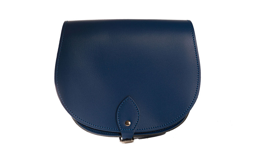 blue Leather handmade saddle cross body handbag with adjustable belt buckle shoulder strap, made in London. Visit out customise section to choose your own colours and have a bespoke custom saddle bag made for you. A to Z Leather LTD