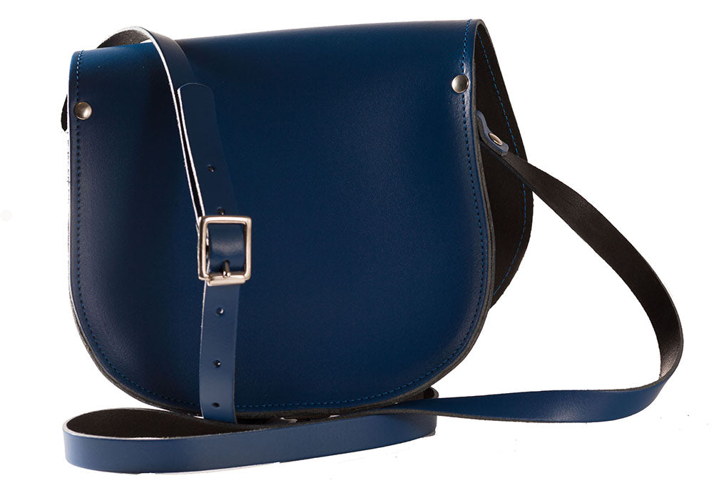navy blue Leather handmade saddle cross body handbag with adjustable belt buckle shoulder strap, made in London. Visit out customise section to choose your own colours and have a bespoke custom saddle bag made for you. A to Z Leather LTD