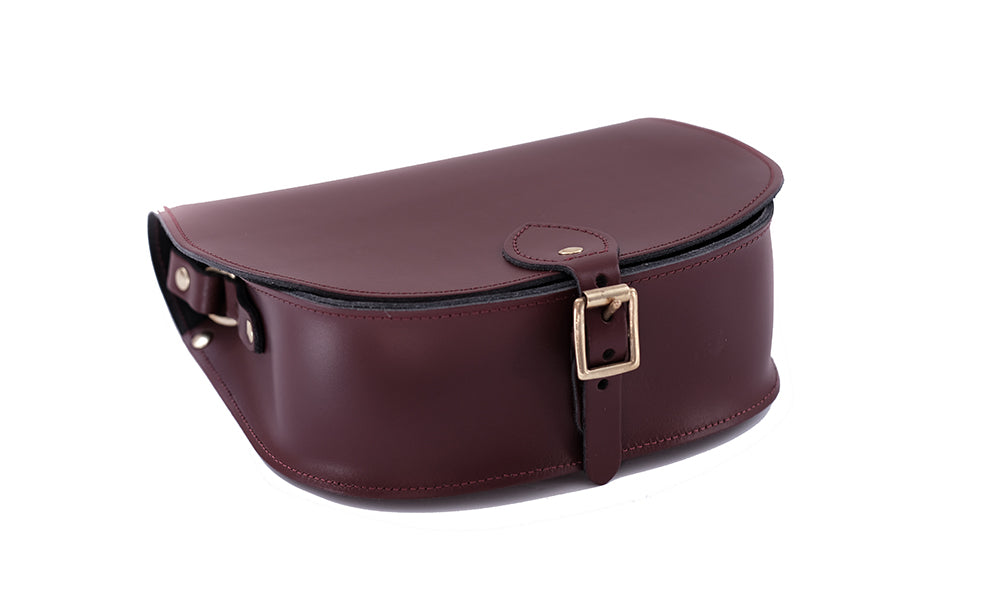 burgundy Leather handmade saddle cross body handbag with adjustable belt buckle shoulder strap, made in London. Visit out customise section to choose your own colours and have a bespoke custom saddle bag made for you. A to Z Leather LTD