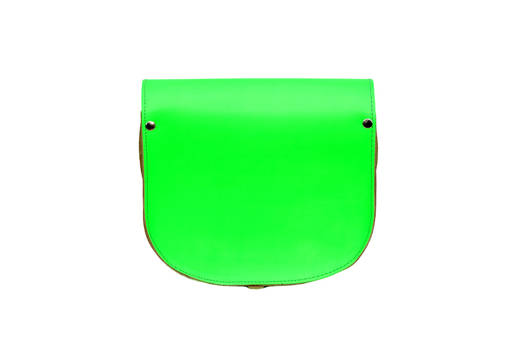 fluorescent neon green Leather handmade saddle cross body handbag with adjustable belt buckle shoulder strap, made in London. Visit out customise section to choose your own colours and have a bespoke custom saddle bag made for you. A to Z Leather LTD