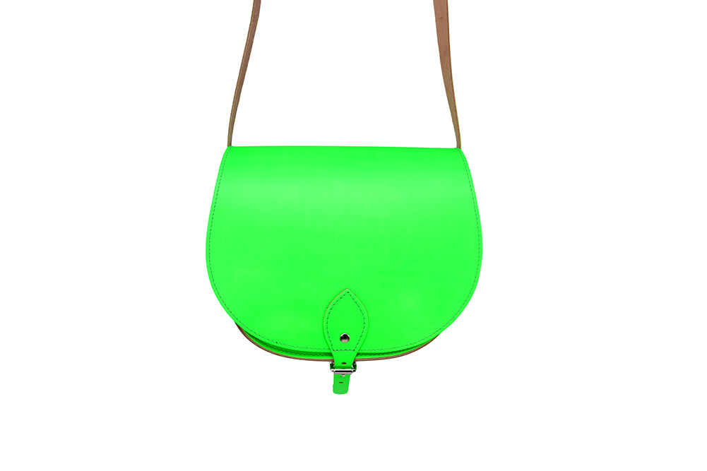 fluorescent neon green Leather handmade saddle cross body handbag with adjustable belt buckle shoulder strap, made in London. Visit out customise section to choose your own colours and have a bespoke custom saddle bag made for you. A to Z Leather LTD