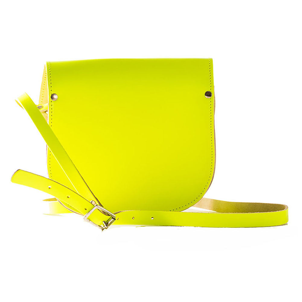 fluorescent neon yellow Leather handmade saddle cross body handbag with adjustable belt buckle shoulder strap, made in London. Visit out customise section to choose your own colours and have a bespoke custom saddle bag made for you. A to Z Leather LTD
