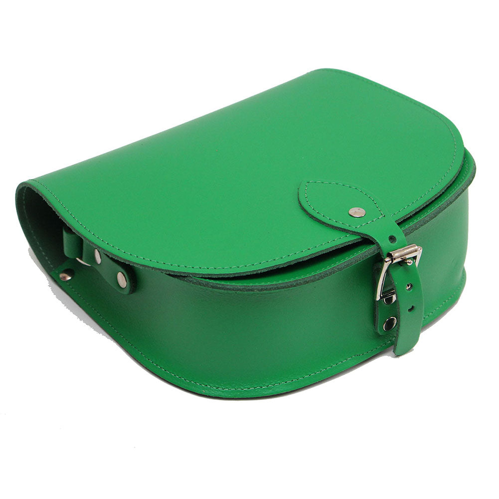 green Leather handmade saddle cross body handbag with adjustable belt buckle shoulder strap, made in London. Visit out customise section to choose your own colours and have a bespoke custom saddle bag made for you. A to Z Leather LTD