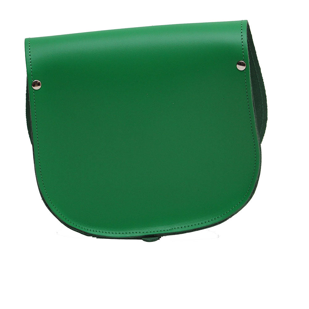 green Leather handmade saddle cross body handbag with adjustable belt buckle shoulder strap, made in London. Visit out customise section to choose your own colours and have a bespoke custom saddle bag made for you. A to Z Leather LTD