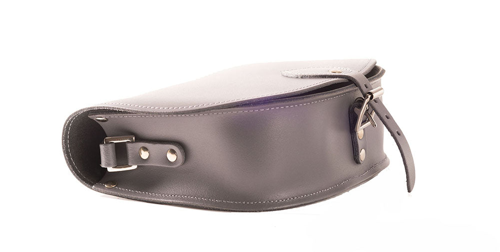 Grey Leather handmade saddle cross body handbag with adjustable belt buckle shoulder strap, made in London. Visit out customise section to choose your own colours and have a bespoke custom saddle bag made for you. A to Z Leather LTD