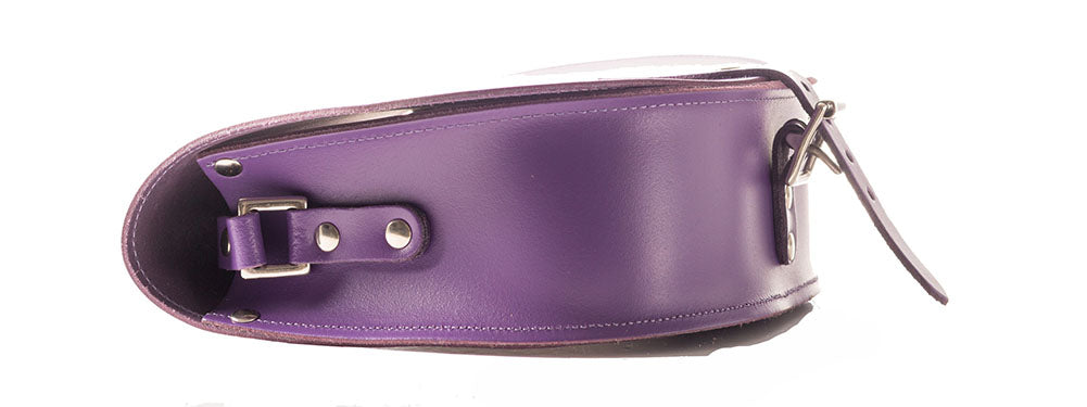 Purple Leather handmade saddle cross body handbag with adjustable belt buckle shoulder strap, made in London. Visit out customise section to choose your own colours and have a bespoke custom saddle bag made for you. A to Z Leather LTD