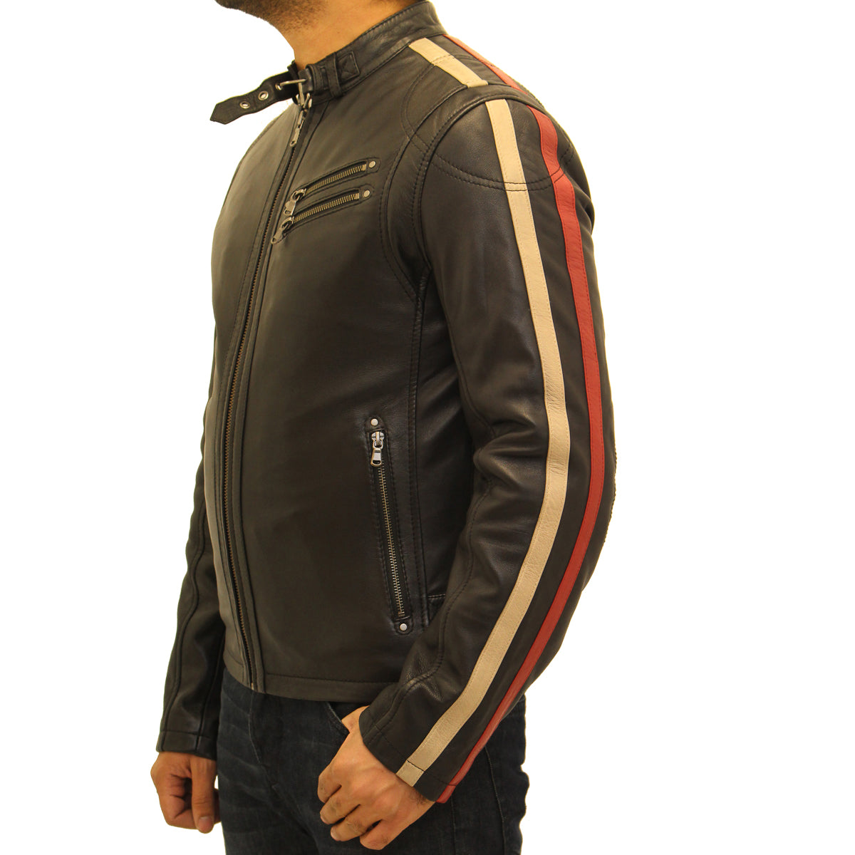 Black leather jacket with clearance red and white stripes