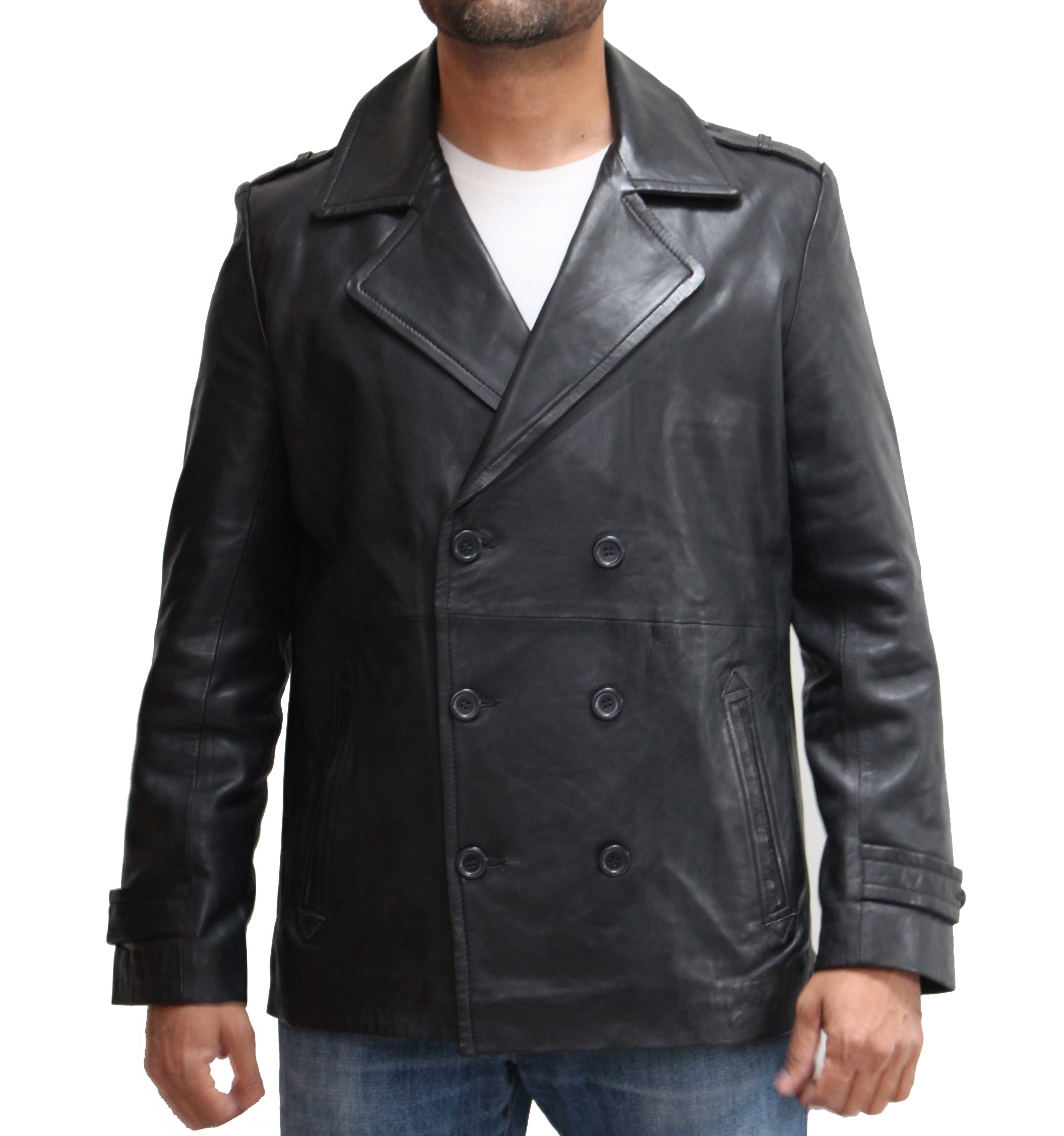 Double breasted leather discount coat