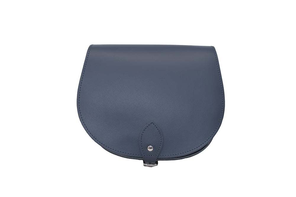 Navy Leather handmade saddle cross body handbag with adjustable belt buckle shoulder strap, made in London. Visit out customise section to choose your own colours and have a bespoke custom saddle bag made for you. A to Z Leather LTD