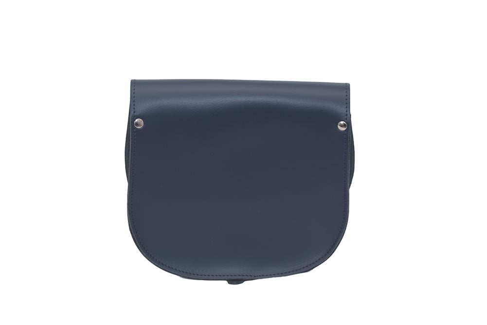 navy Leather saddle cross body handbag handmade in London by A to Z Leather