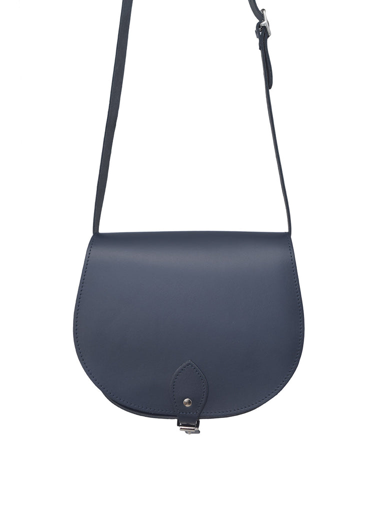 navy Leather saddle cross body handbag handmade in London by A to Z Leather