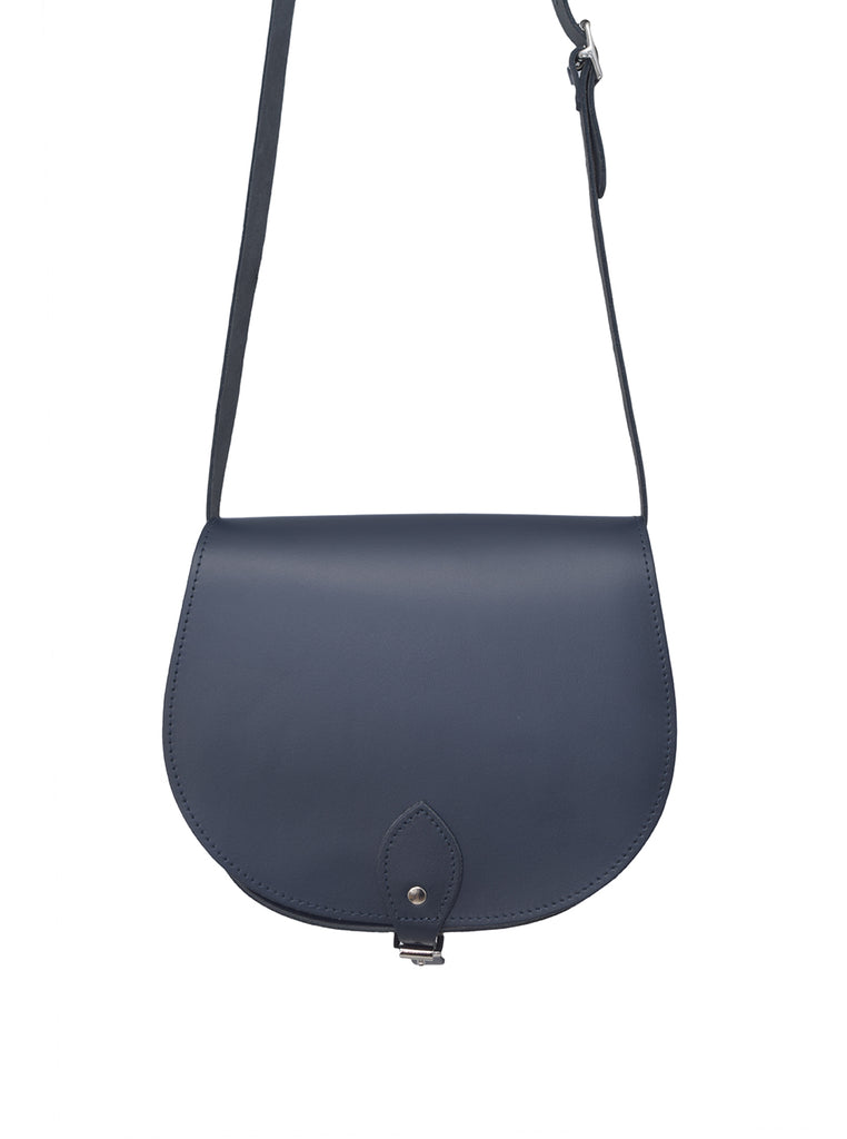 Navy Leather handmade saddle cross body handbag with adjustable belt buckle shoulder strap, made in London. Visit out customise section to choose your own colours and have a bespoke custom saddle bag made for you. A to Z Leather LTD